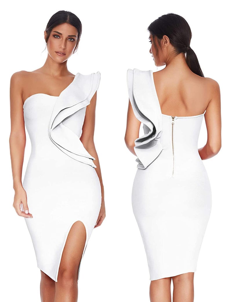 Meilun One Shoulder Ruffle Dress Side Split Bodycon Bandage Dress Wedding Guest Dress(White,S) - Image 4